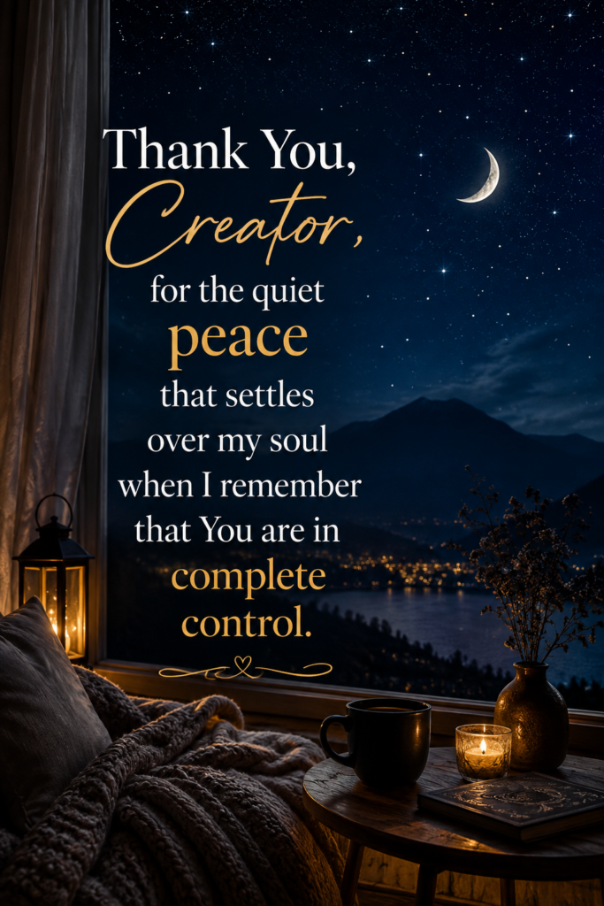 A starry night sky pin highlighting a quote about finding inner peace when remembering God is in complete control.