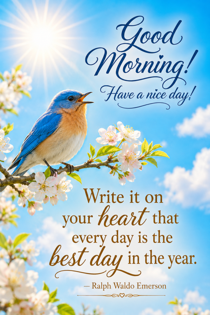 A cheerful bluebird singing on a blooming tree branch against a bright blue sky and a sparkling morning sun.