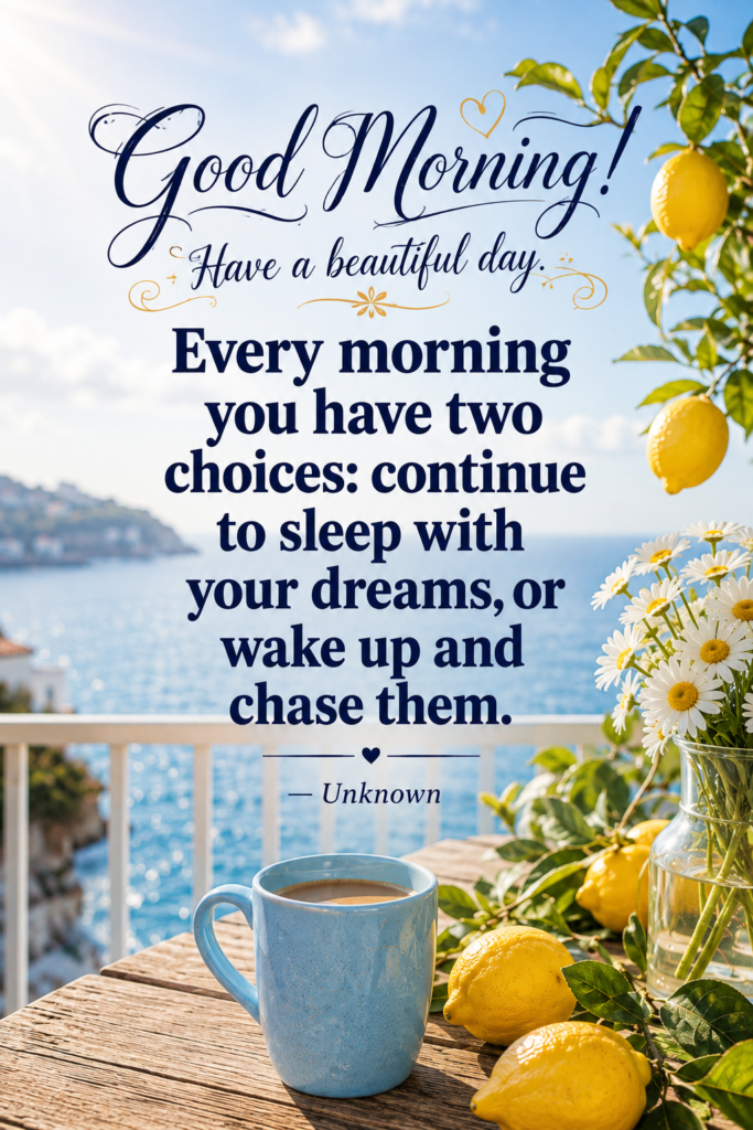 A sunny oceanview balcony with a blue coffee mug, fresh lemons, and white daisies in a glass vase under bright morning sunlight.