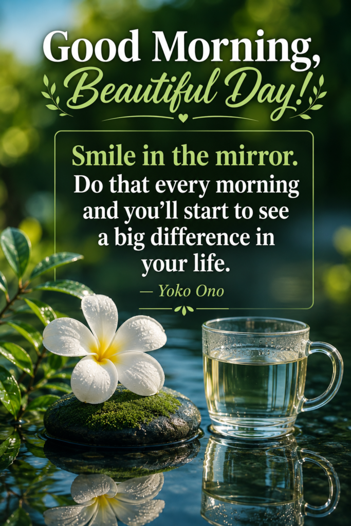 A tranquil reflective water surface holding a smooth mossy stone, a white frangipani flower, and a clear glass mug.