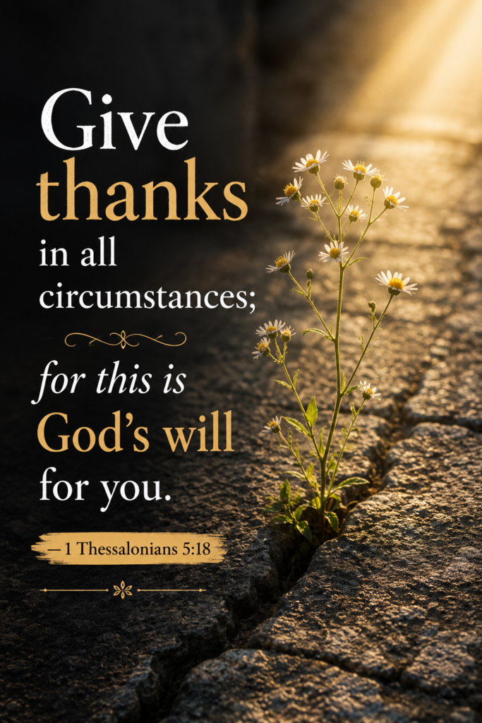 A resilient wildflower pin featuring 1 Thessalonians 5:18 about giving thanks in all circumstances.