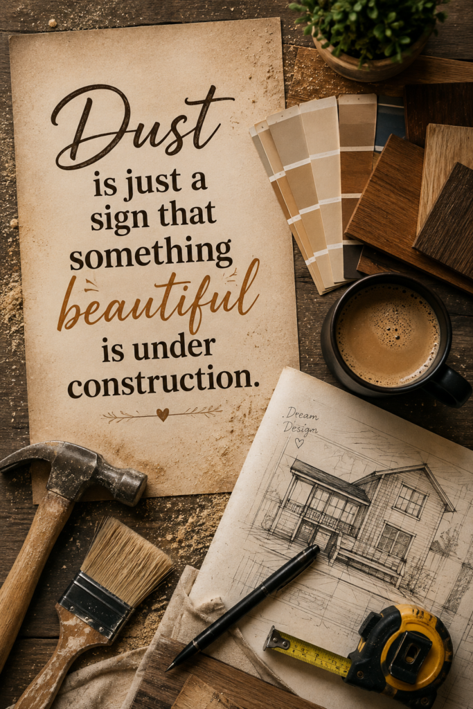 Aesthetic shot of home renovation tools and blueprints on a clean wooden table with soft lighting.