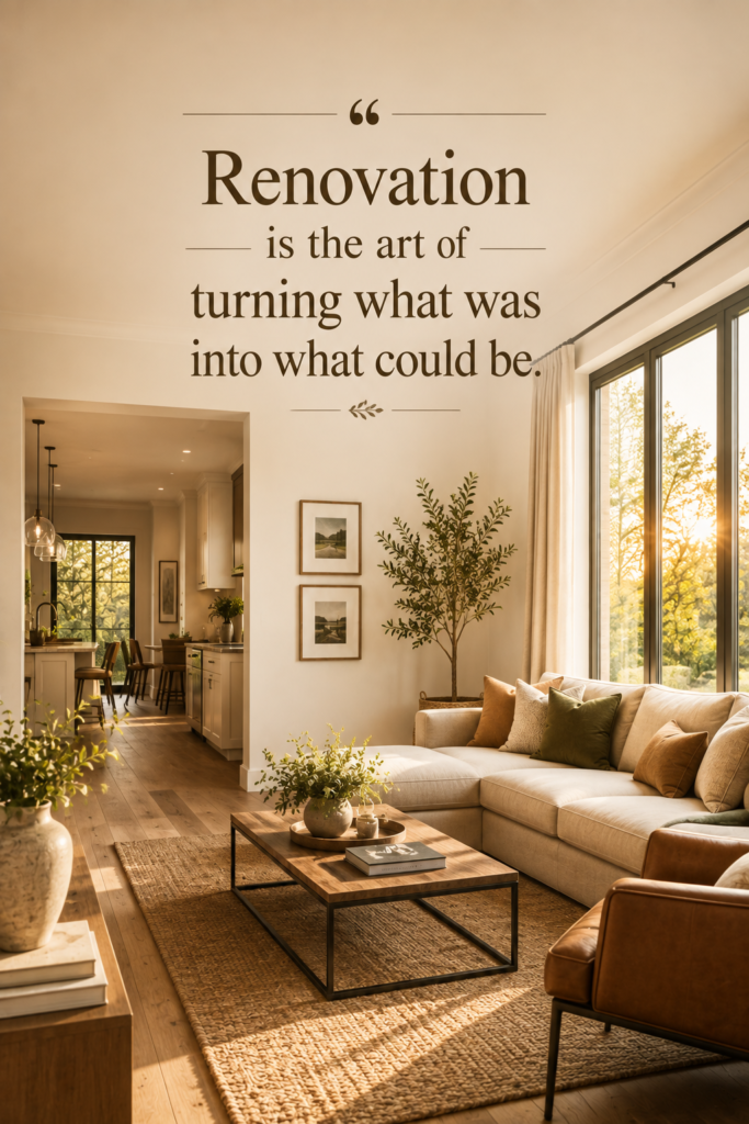 Before-and-after style aesthetic room transformation concept showing bright, modern interior design.