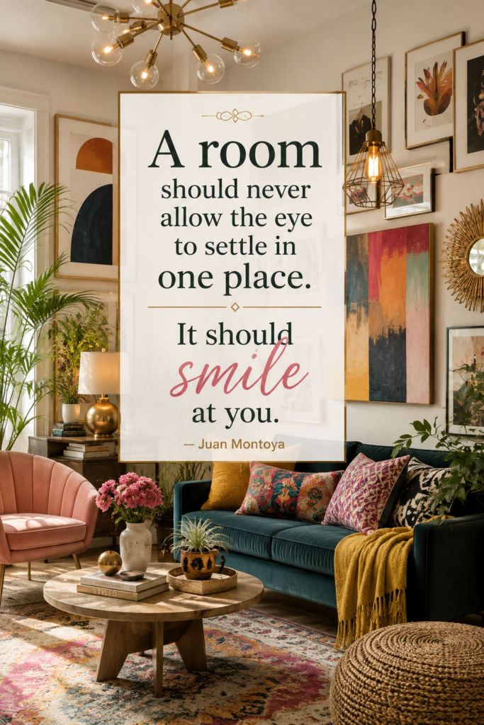 Vibrant yet cozy interior design featuring cheerful colors, exquisite lighting, and artistic styling.