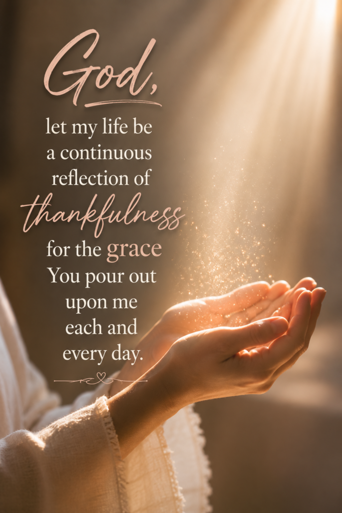 A minimalist sunbeam pin focusing on a quote about letting your entire life reflect thankfulness for daily grace.