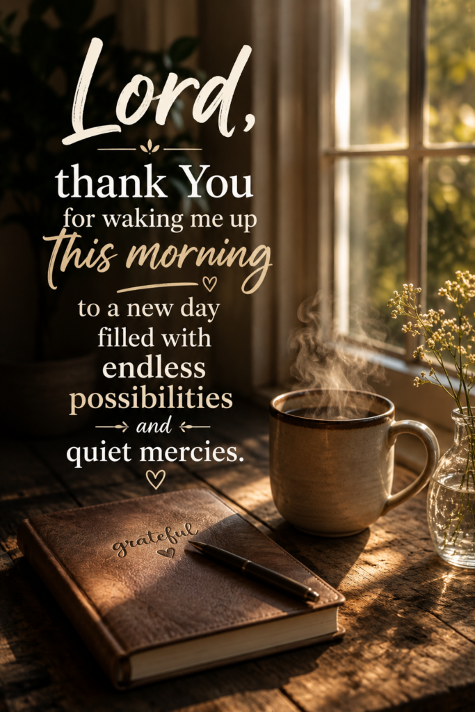 A cozy morning aesthetic pin featuring a thankfulness prayer for waking up to new mercies and endless possibilities.