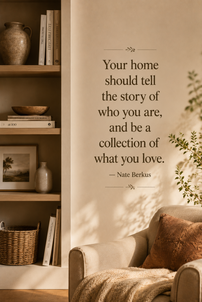 Beautiful shelving and interior styling corner filled with meaningful personal decor items and plants.