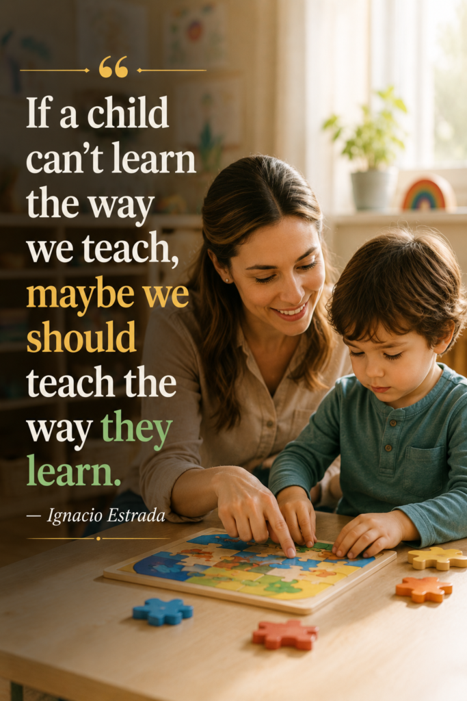 Warm photo of an encouraging preschool teacher kneeling and pointing at a puzzle piece with a focused child.