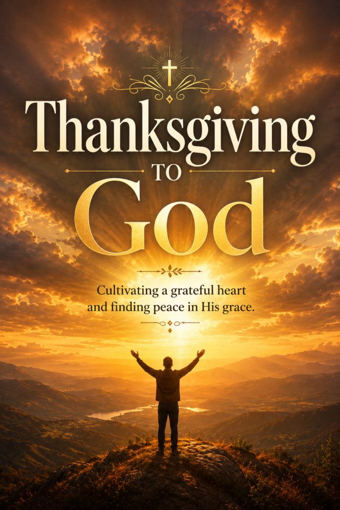 A breathtaking sunset landscape pin with a person on a hilltop, designed with the bold title " Thanksgiving to God " for spiritual motivation.