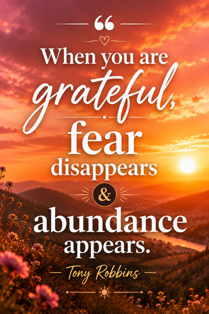 Sunset gradient background showcasing Tony Robbins' quote on how gratitude eliminates fear and attracts abundance.