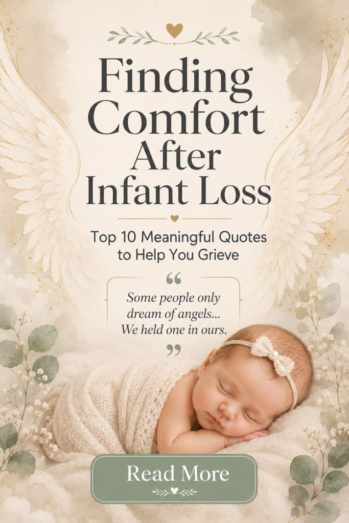 Main Pinterest pin with a feather illustration and a curated list of top 10 baby death quotes for grieving parents.