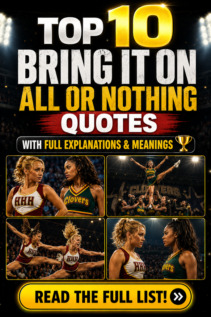 A collage of Bring It On: All or Nothing movie scenes with a bold text overlay highlighting the top 10 quotes and explanations.