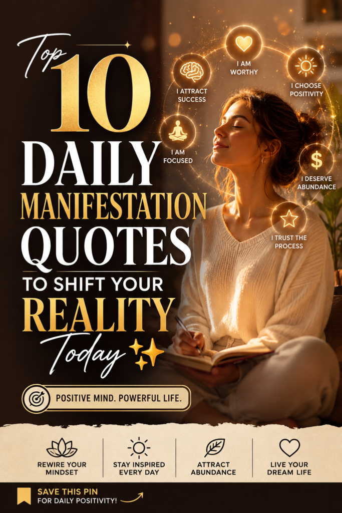 Aesthetic Pinterest graphic showcasing the top 10 daily manifestation quotes and law of attraction insights for a successful mindset.