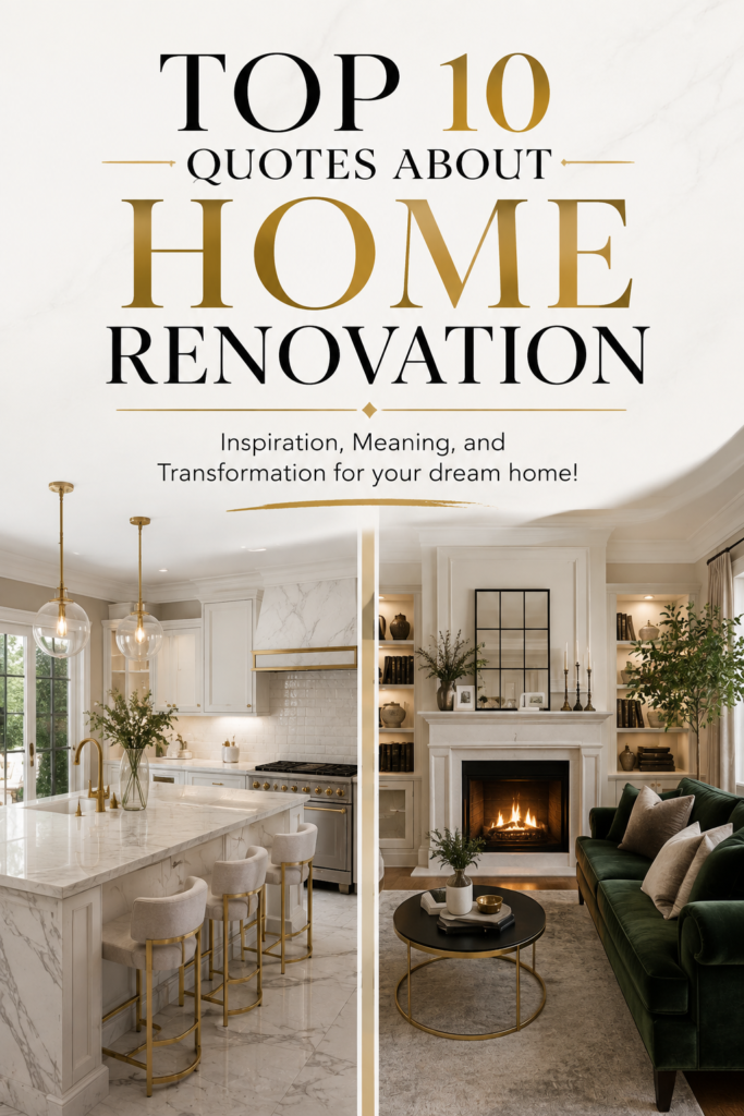A collage graphic featuring stunning home renovation transformations (kitchen and living room) with bold text overlay summarizing the pin content.