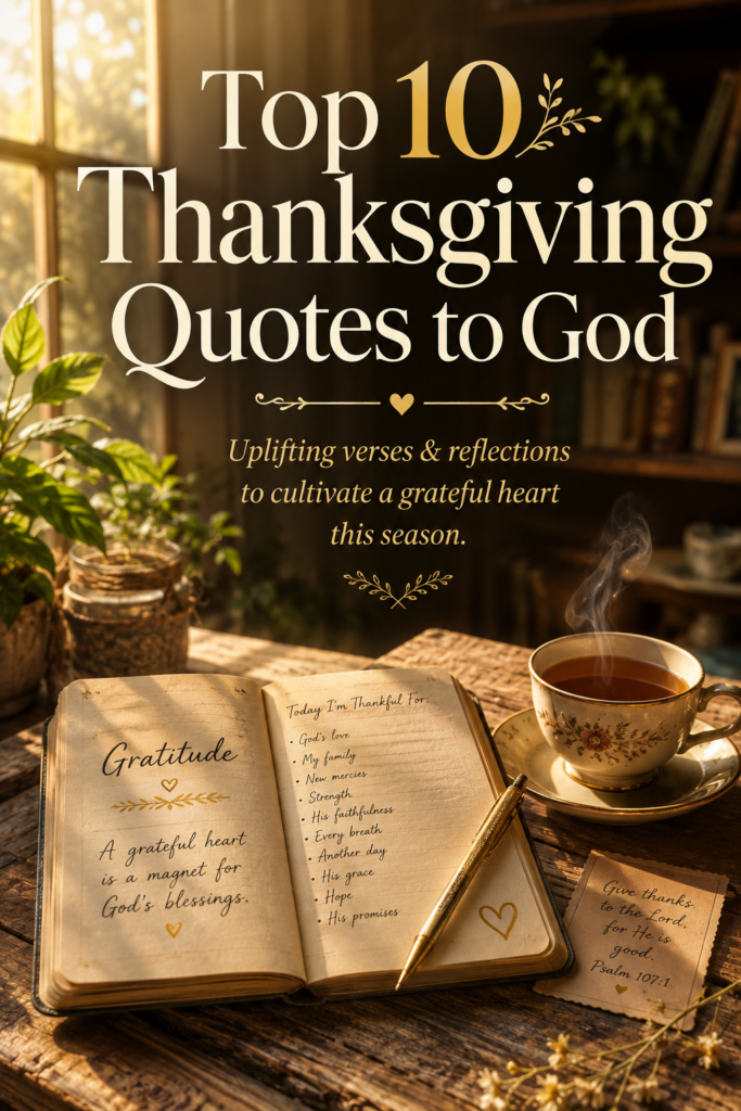 An aesthetic Pinterest pin featuring an open gratitude journal, warm sunlight, and a cozy cup of tea, showcasing the title "Top 10 Thanksgiving Quotes to God".