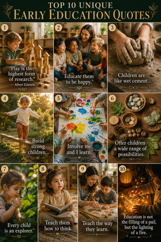 A vertical collage of 10 realistic, warm-toned photos capturing moments of play, curiosity, and learning in a modern early childhood setting, each featuring an inspirational quote.