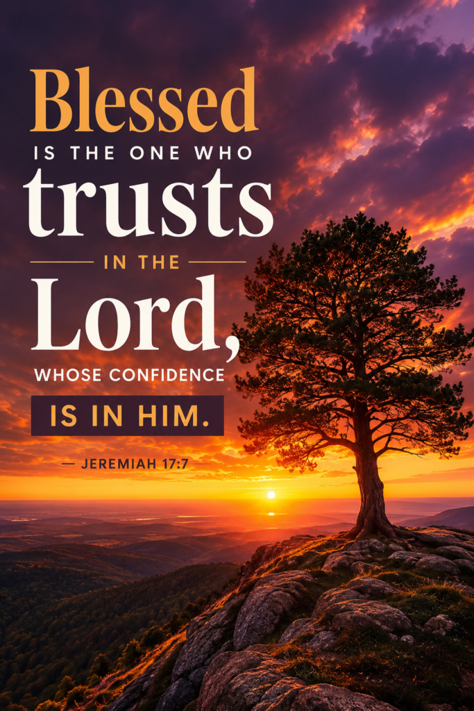 A majestic tree at sunset pin featuring Jeremiah 17:7 about the blessedness of placing complete confidence in the Lord.