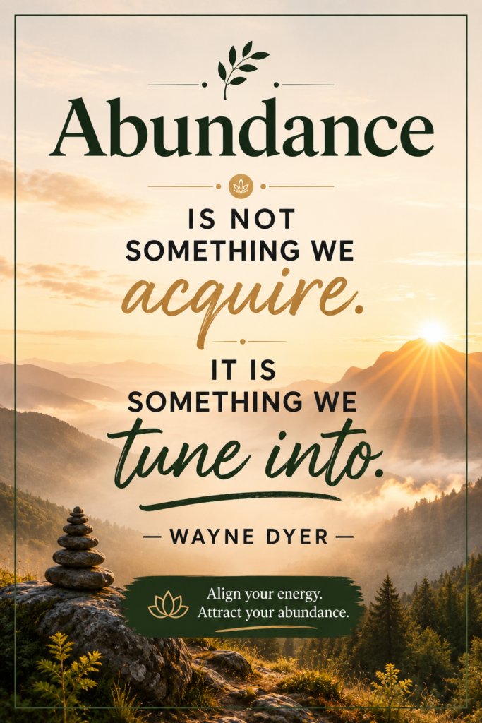 Calm nature scene with Wayne Dyer's quote teaching how abundance is something you tune into rather than acquire.
