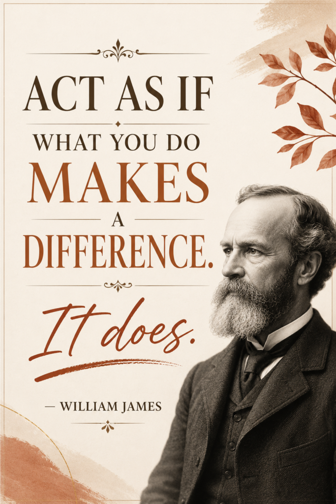 Elegant cream and terracotta pin displaying William James' motivational quote on intentional action.