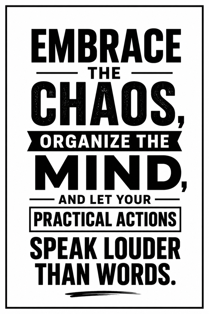 High-impact productivity pin featuring a strong block-typography quote about embracing chaos and taking practical action.