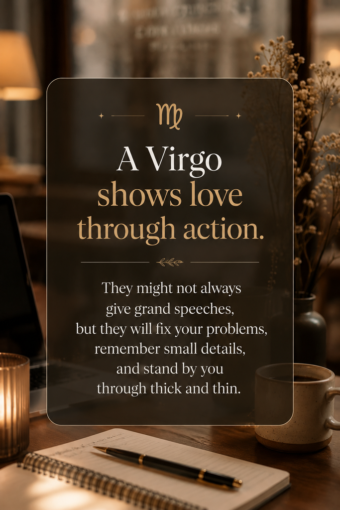 Cozy lifestyle desk workspace pin featuring a heartfelt Virgo quote about showing loyalty and love through actions.