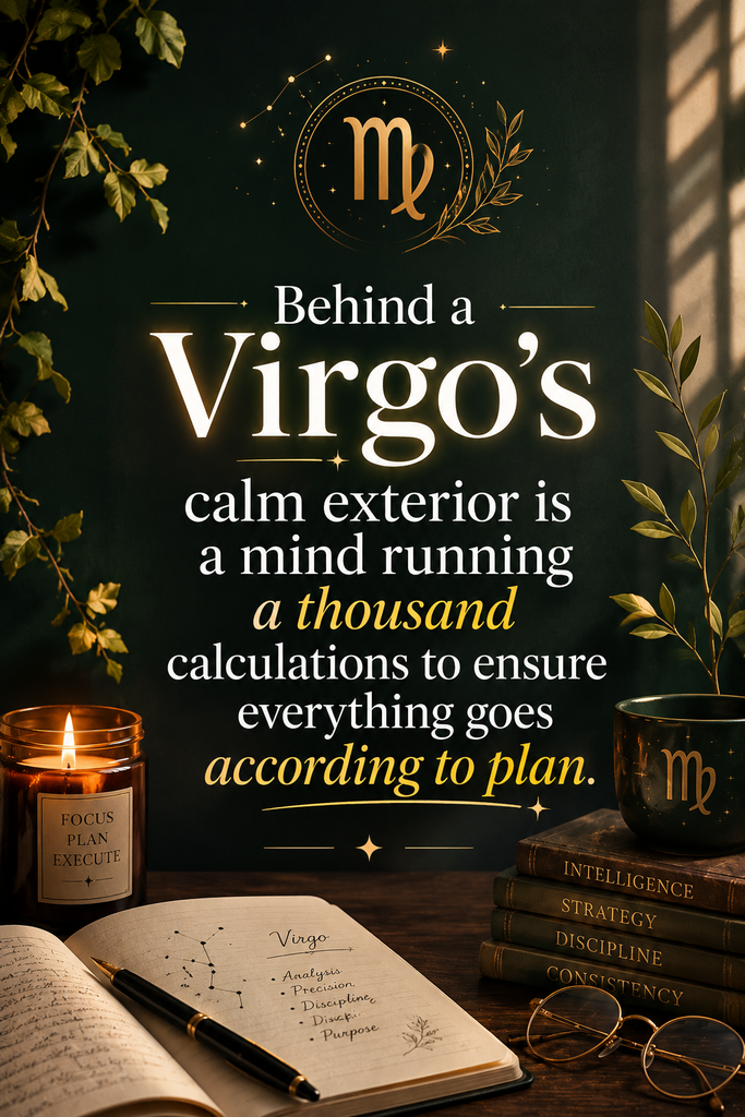 Dark academia style Pinterest pin featuring a deep quote about a Virgo's strategic and calm problem-solving nature.