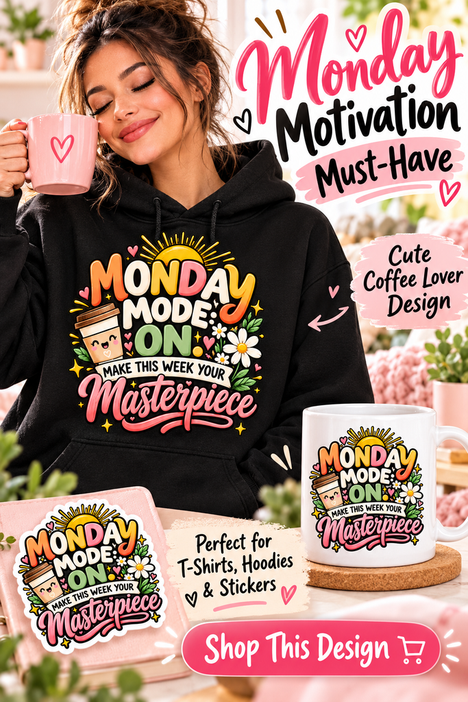 Cute Monday motivation hoodie design with colorful typography, coffee cup illustration, flowers, and positive quote "Monday Mode On Make This Week Your Masterpiece" for T-shirts, mugs, and stickers.