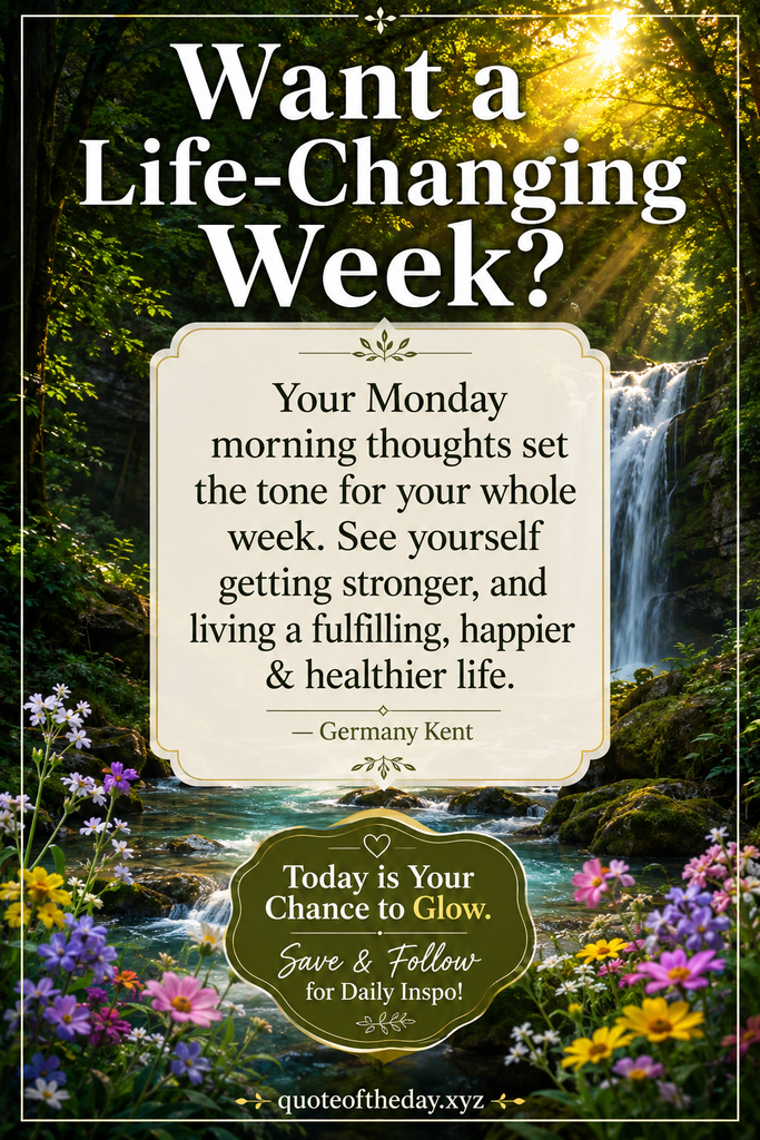 A vertical Pinterest pin featuring inspirational monday quotes displayed over a breathtaking serene waterfall in an enchanted green forest with golden sun rays and blooming wildflowers. A clean vertical frame encloses the bold text: "Want a Life-Changing Week?" followed by a mindset quote by Germany Kent, and a bottom badge reading "Today is Your Chance to Glow. Save & Follow for Daily Inspo!" with the quoteoftheday.xyz branding.
