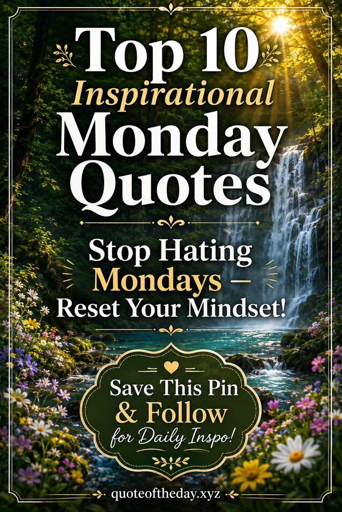A vertical Pinterest pin showcasing a curated collection of inspirational monday quotes over a serene nature aesthetic background with soft morning sun rays piercing through an enchanted green forest and blooming wildflowers. Bold top text reads "Stop Hating Mondays — Reset Your Mindset!" above a center quote by Germany Kent, with a bottom badge reading "Save This Pin & Follow for Daily Inspo!" and the quoteoftheday.xyz branding.