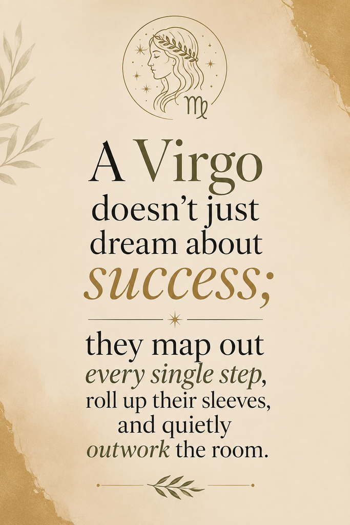 Minimalist Pinterest pin featuring a Virgo quote about success, work ethic, and planning on a warm neutral background.