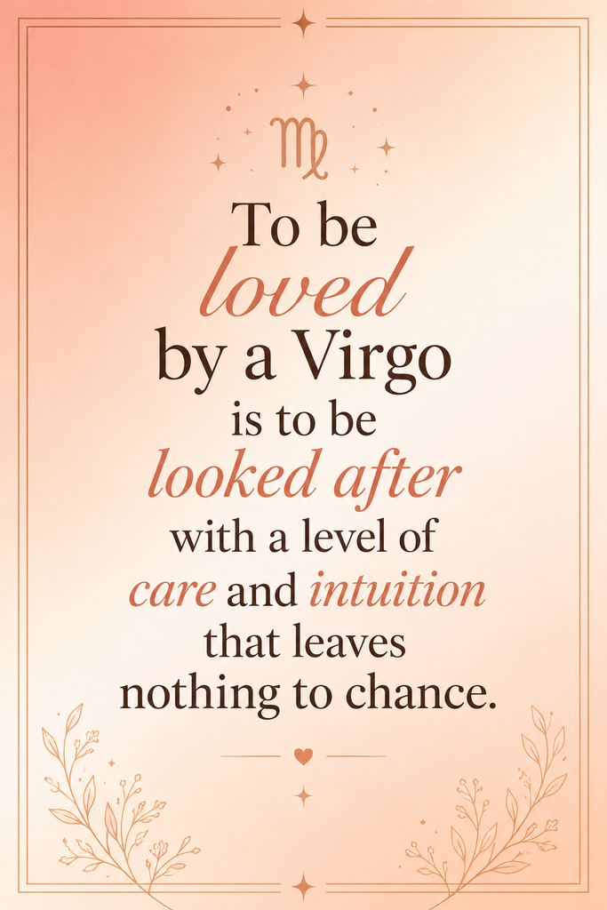 Soft peach and cream gradient Pinterest pin featuring an affectionate quote about a Virgo's deep care and intuition.