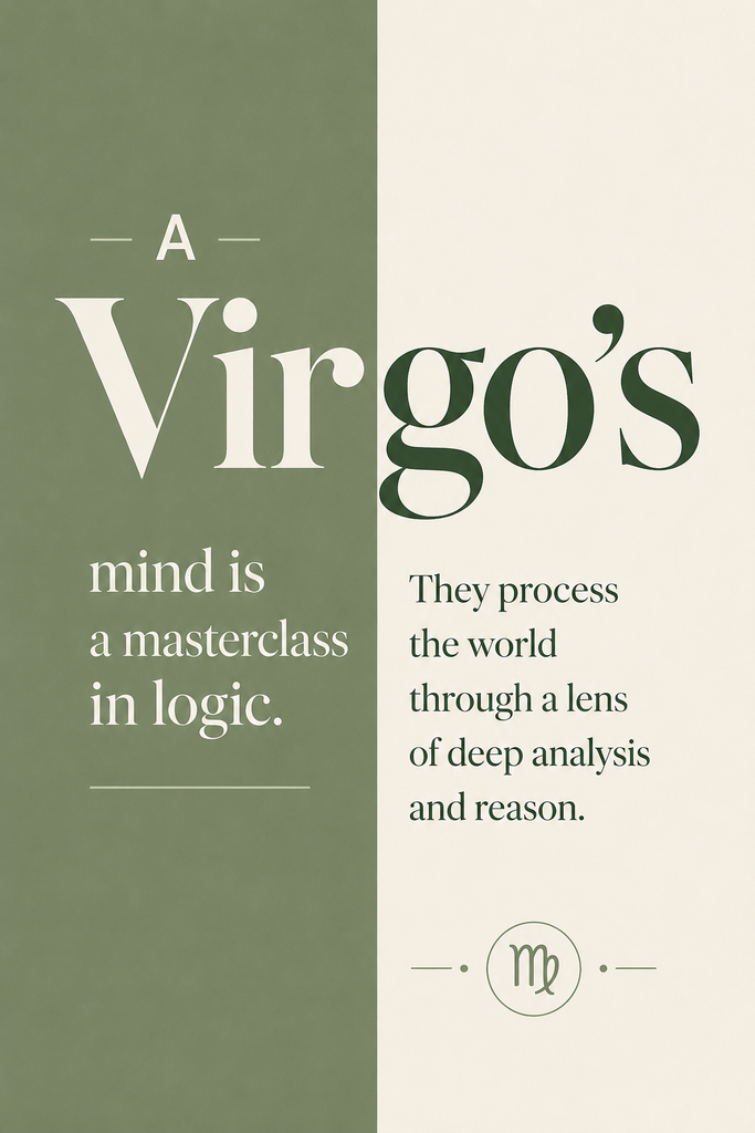 Editorial design Pinterest pin in sage green and cream highlighting a quote about Virgo's logic and clear analysis.