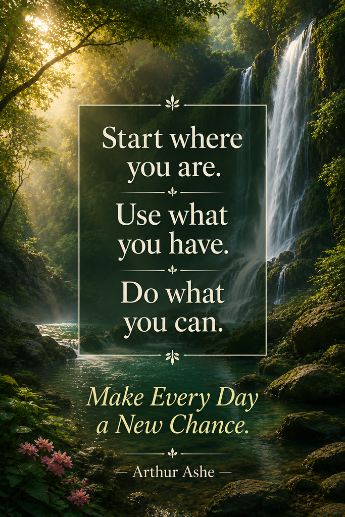 A serene magical forest waterfall Pinterest pin with a clean thin frame, featuring a practical productivity quote by Arthur Ashe.