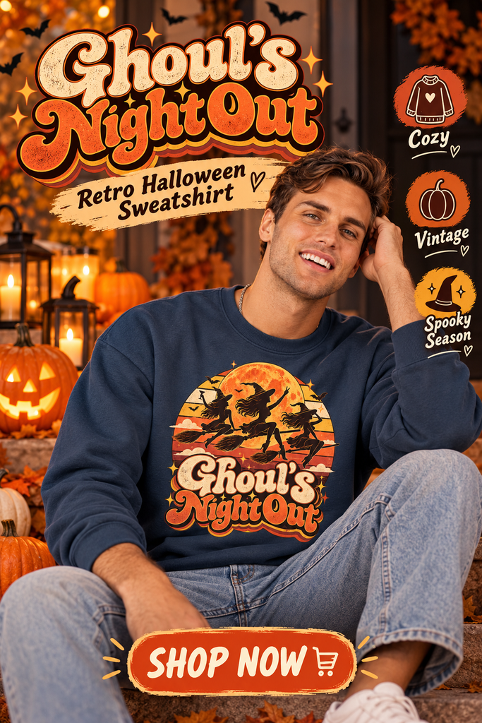 A funny halloween sayings for shirts artwork with a retro 70s sunset and witches on broomsticks.