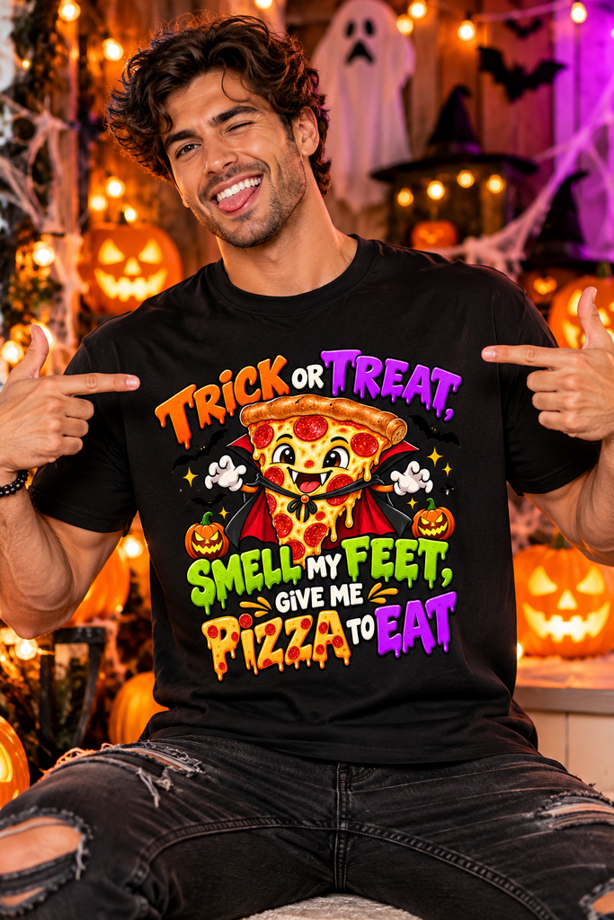 A funny halloween sayings for shirts graphic of a vampire pizza slice with retro typography.
