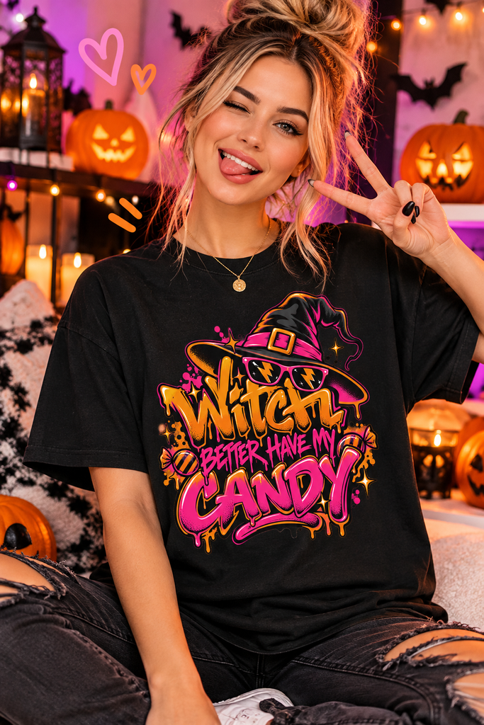 A funny halloween sayings for shirts layout with 90s graffiti typography and a cool witch hat