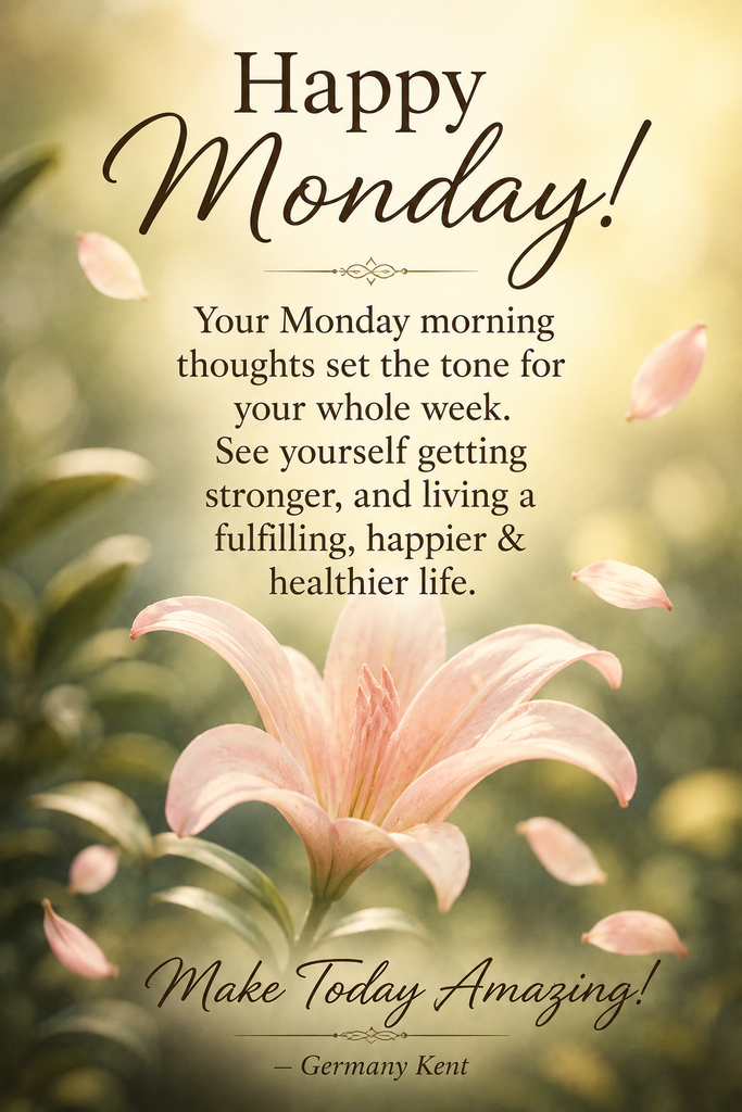 A minimalist Pinterest pin featuring a single elegant pale pink lily against a soft blurred green and yellow botanical background, with text overlay reading "Happy Monday!" and a quote by Germany Kent.