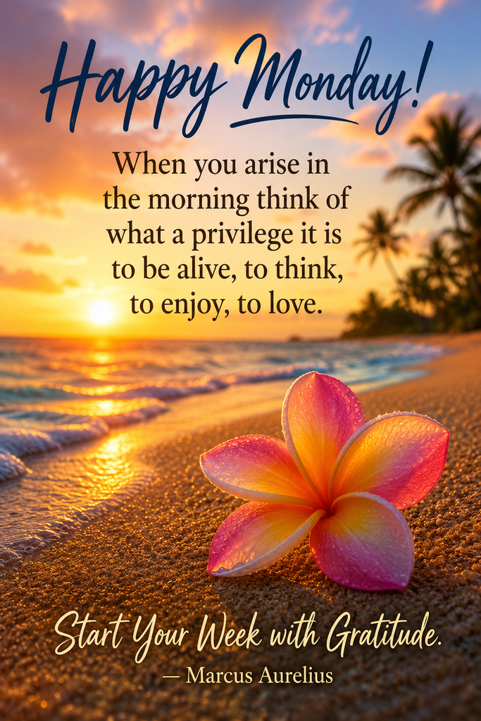 A vertical Pinterest pin showing a vibrant tropical beach sunrise with a colorful plumeria flower resting on sparkling sand in the foreground, featuring stoic morning wisdom by Marcus Aurelius.