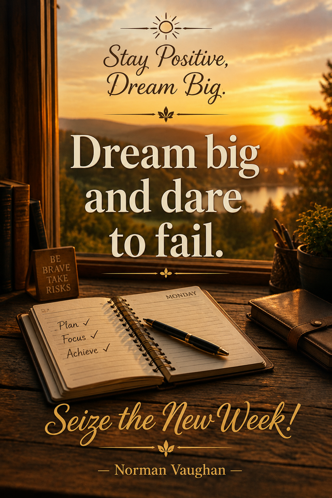 A cozy rustic desk setting Pinterest pin with a warm window sunrise view, showcasing an inspiring risk-taking quote by Norman Vaughan.