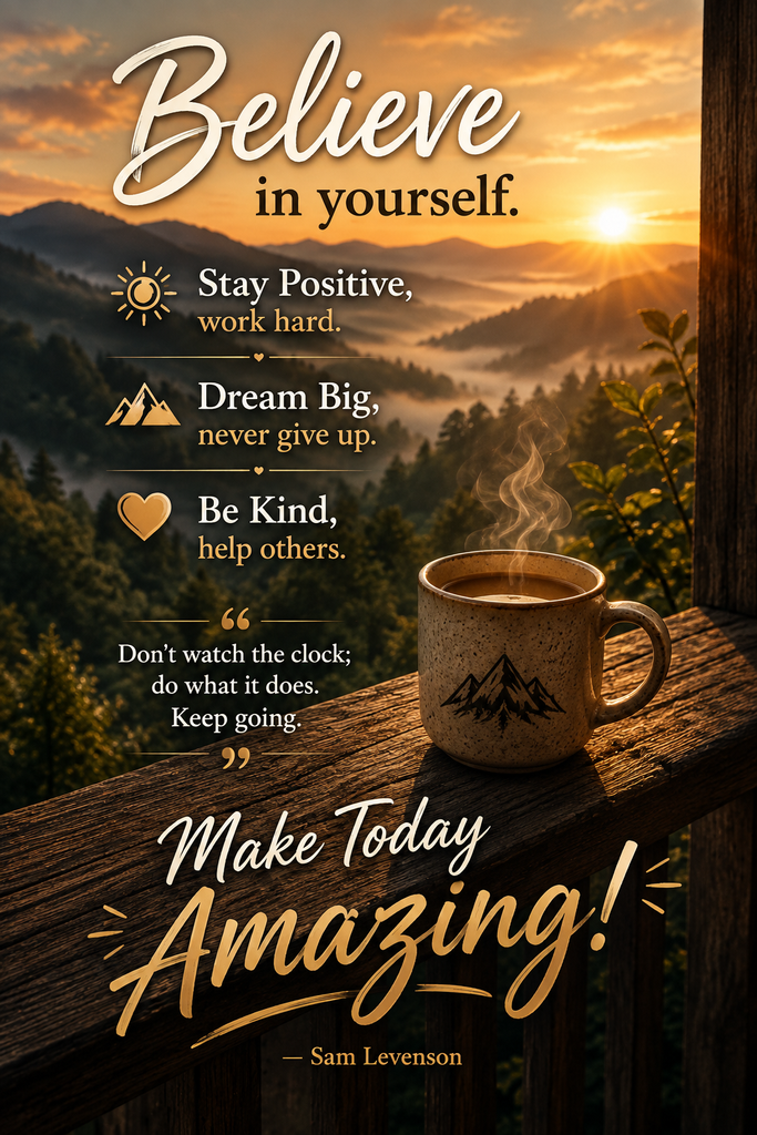 A cozy Pinterest pin displaying a rustic wooden balcony railing overlooking a misty mountain range during a golden sunrise, with a steaming mug of coffee and Sam Levenson's motivational text.