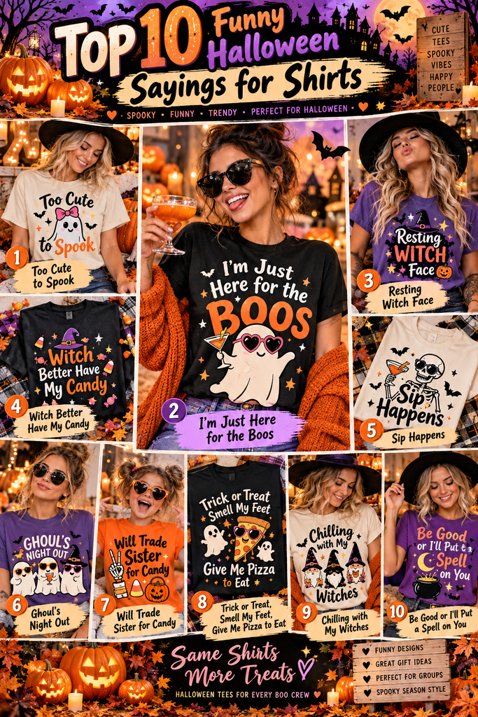 A vibrant Pinterest pin collage showcasing multiple funny halloween sayings for shirts, featuring cute ghosts, witches, and pumpkins, with bold overlay text.