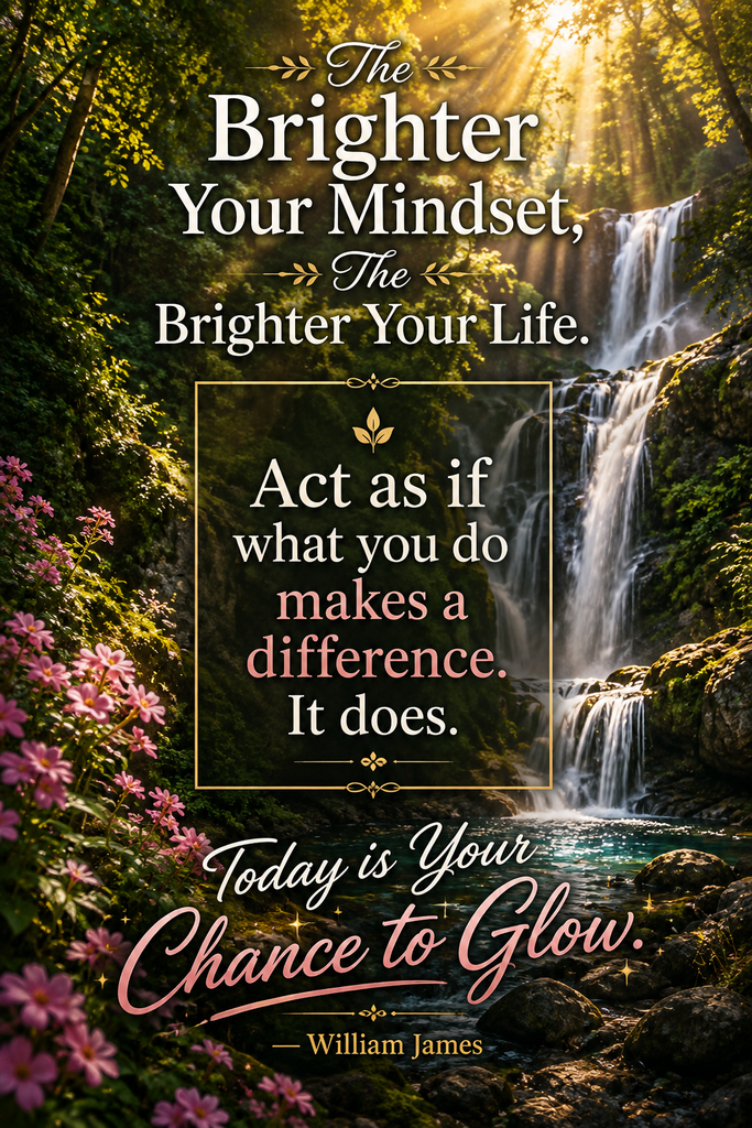 A scenic Pinterest pin featuring a majestic waterfall in a lush green forest with soft sun rays and blooming wildflowers, enclosing William James's quote within a thin rectangular frame.