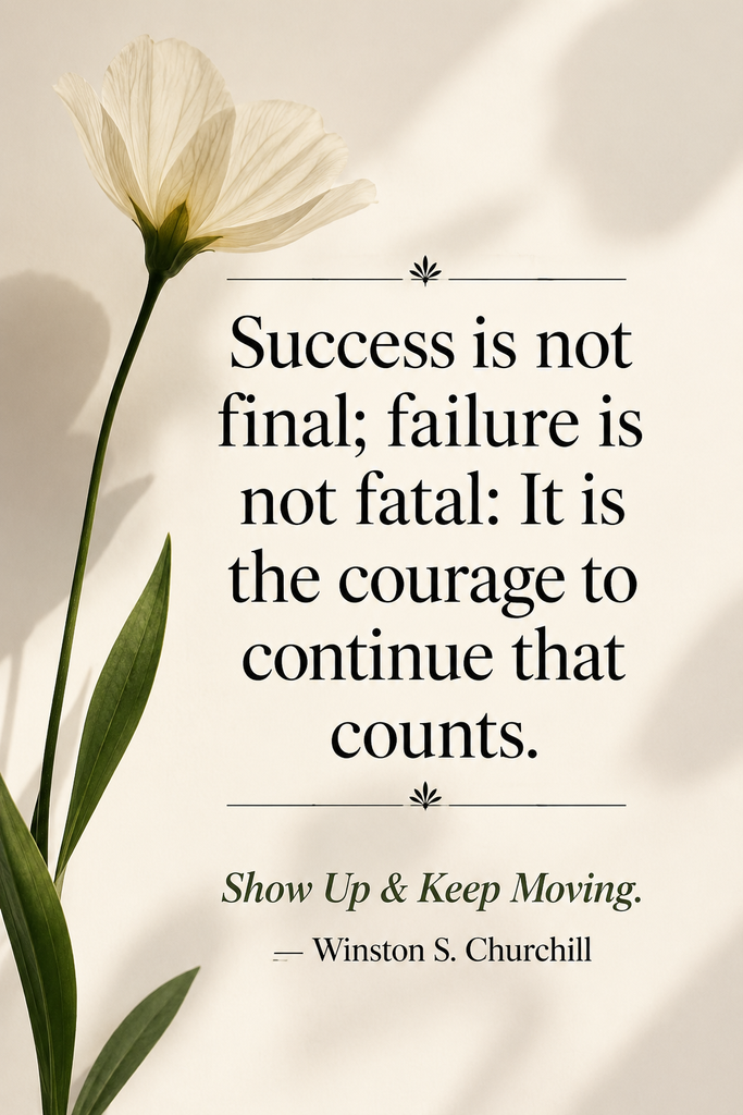 A minimalist botanical Pinterest pin with strong clean lines against a soft cream canvas, featuring a classic resilience quote by Winston S. Churchill.